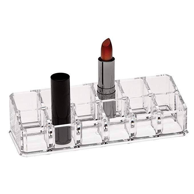 Clear Acrylic Lipstick Holder Organizer: 12 Spaces for Lipsticks, Lip Gloss and Mascara, Makeup Display Stand, Cosmetic Storage